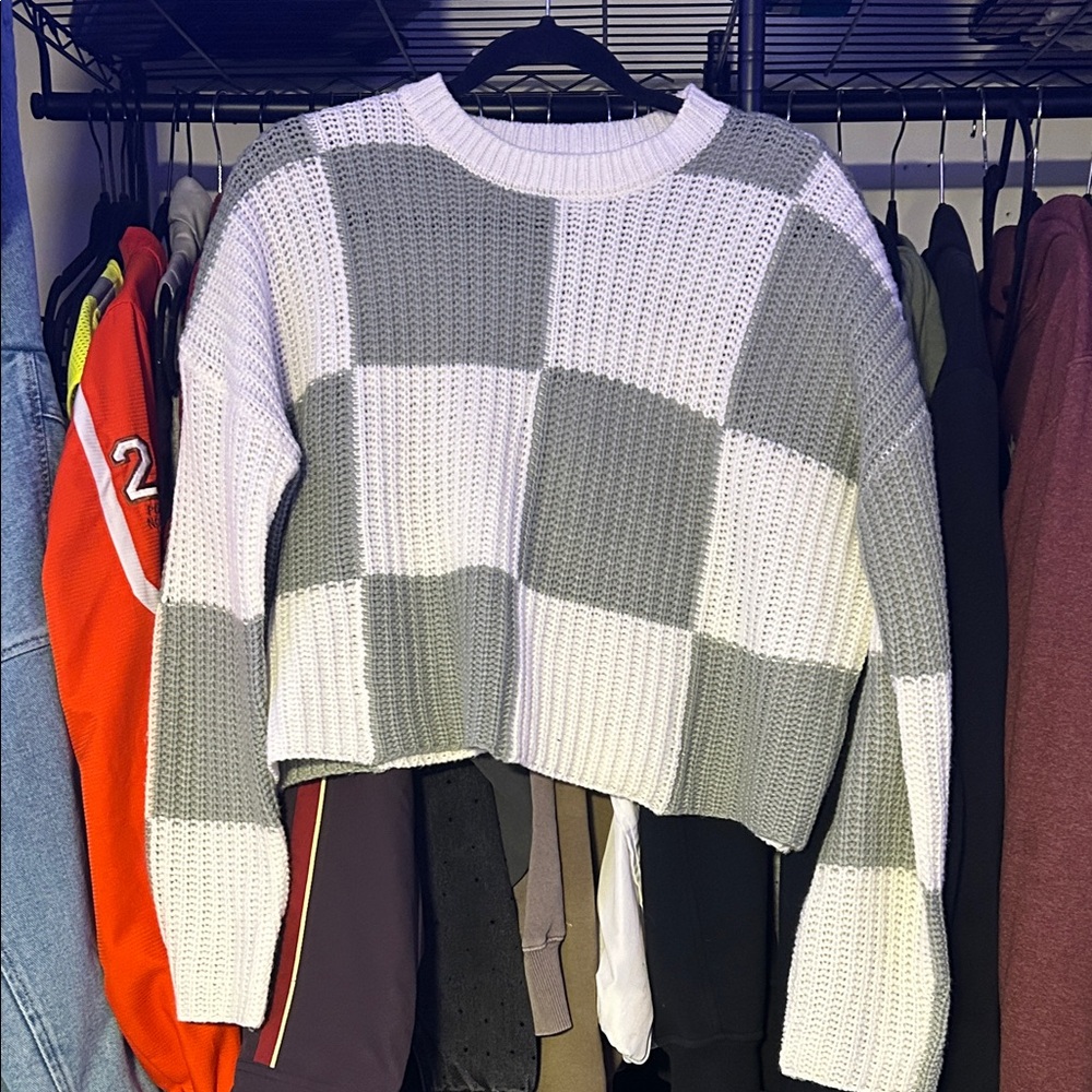 Gray and White Checkered Sweater